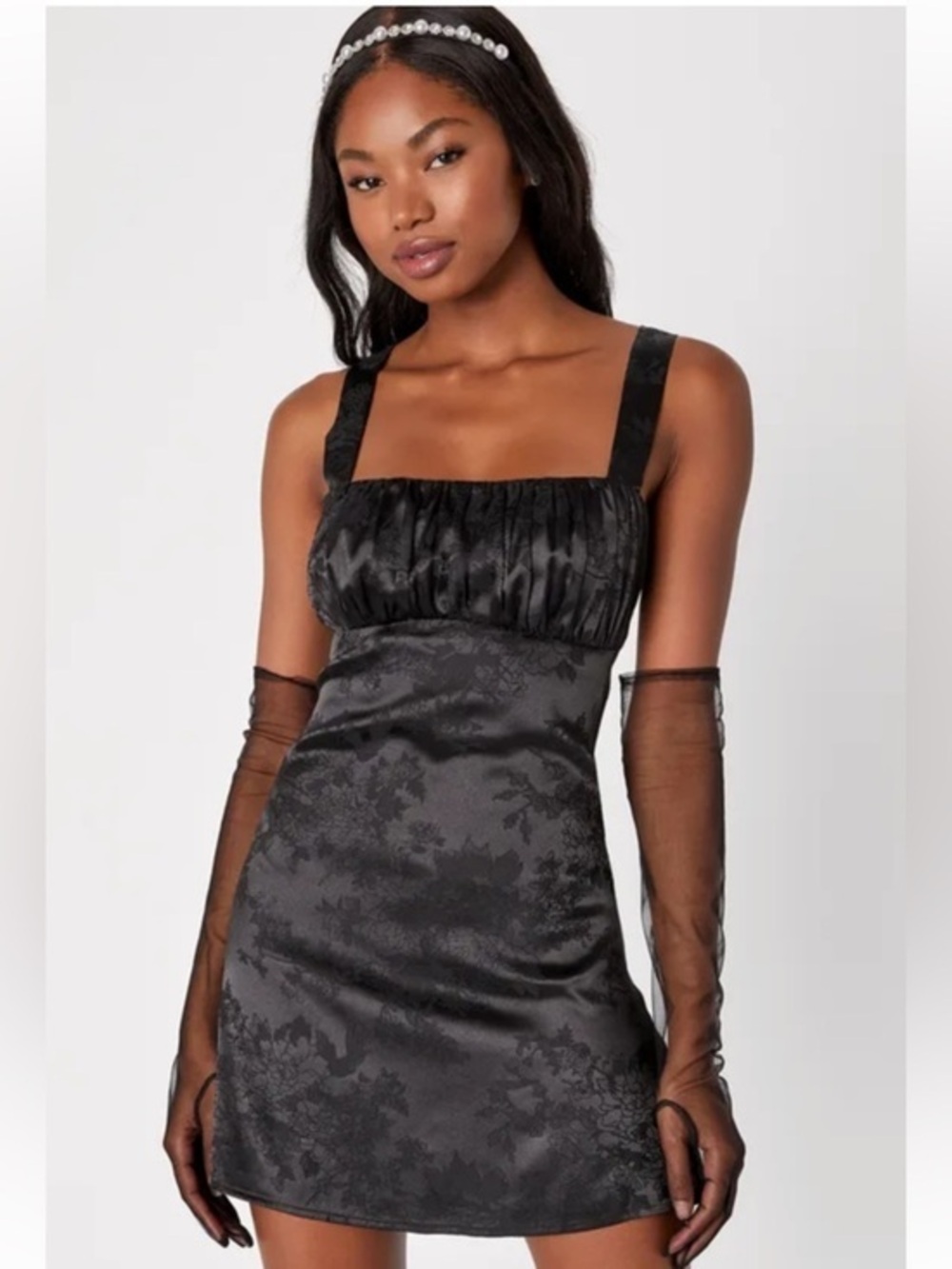 NWT Lulus Exquisite Outlook Black Floral Jacquard Satin Lace-Up Mini Dress